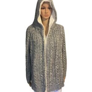 Lety & Me Dockerie Sherpa Trim Hooded Open Cardigan CableKnit Gray White Women L